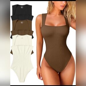 OQQ 3Pieces Square Neck Sleeveless BodysuitsXL Tummy Control Tank Tops Bodysuit